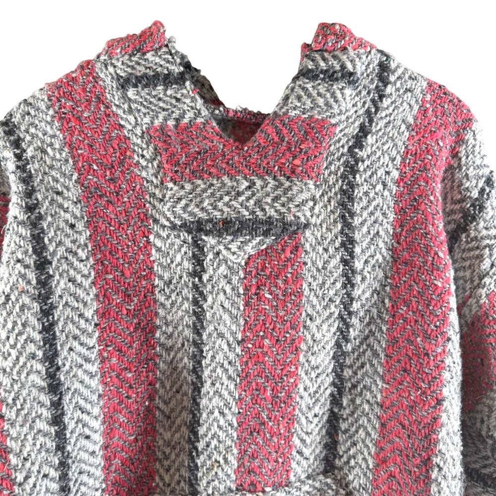 Baja Joe Hoodie M Red Grey Striped Mexican Drug Rug Surfer Pullover Boho 0100596